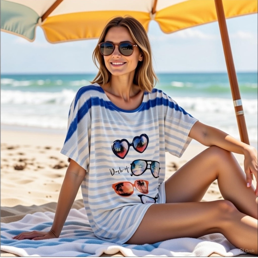 Chicos Zenergy Dash of Summer Short Sleeve Stripe Graphic Print Tee Rounded Neck